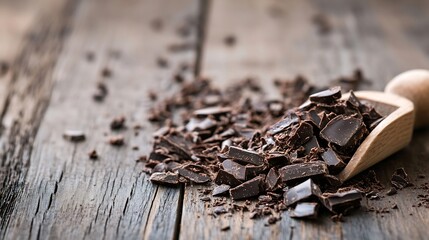 Poster - Rich Dark Chocolate Chunks on Rustic Wooden Table with Scoop for Baking : Generative AI