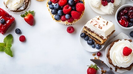 Aufkleber - Delicious assortment of fresh berries on various desserts featuring cakes and whipped cream : Generative AI