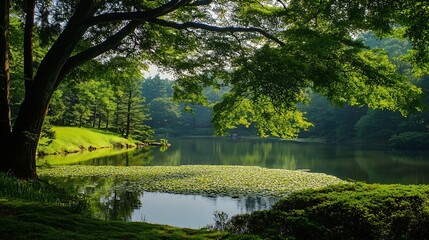 Poster - Tranquil Lake Surrounded by Lush Green Trees Reflecting in Calm Waters : Generative AI