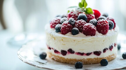 Poster - Delicious homemade cheesecake topped with fresh raspberries and blueberries surrounded by a cozy atmosphere : Generative AI