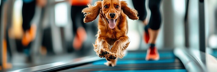 Sticker - Happy dog running on treadmill with blurred human legs in background.