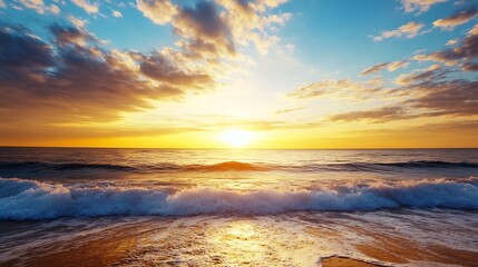 Poster - Stunning Sunset Over Ocean Waves in Vibrant Colors with Dramatic Clouds : Generative AI