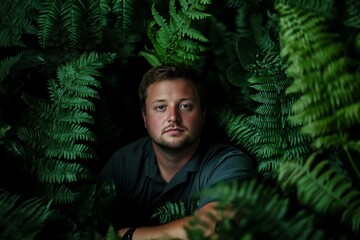 Poster - A man with a beard sits surrounded by lush green ferns.