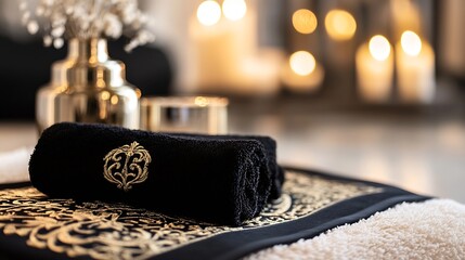 Poster - Elegant Black Towel Resting on Decorative Towel with Blurred Candles in the Background : Generative AI