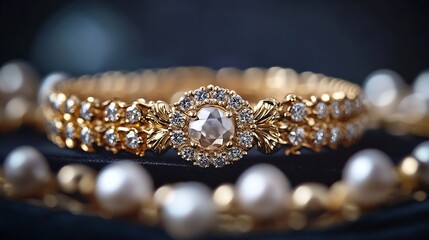 Poster - Beautiful Gold and Diamond Engagement Ring on Elegant Black Background : Generative AI
