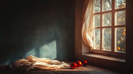 Poster - Sunlit room corner with fabric, ornaments, and window.