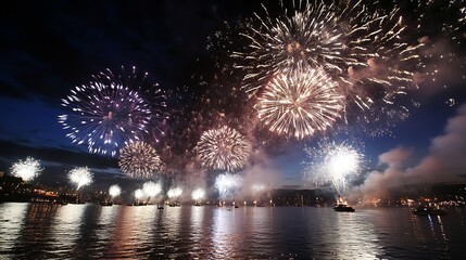 Aufkleber - Stunning fireworks display illuminating the night sky over a peaceful water surface during a celebration : Generative AI