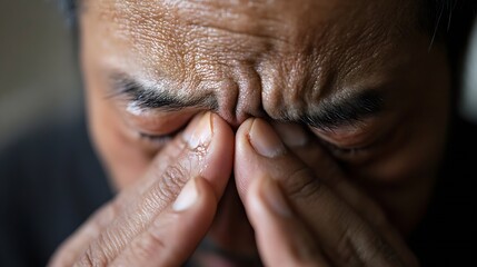 Poster - Close up of a man expressing deep emotions and stress while holding his forehead and eyes in distress : Generative AI