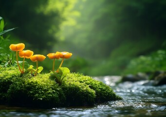 Poster - Vibrant orange mushrooms cluster on moss beside a flowing stream in a lush green forest.