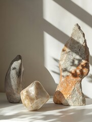 Leinwandbilder - Artistic Arrangement of Unique Natural Stones with Play of Shadows on Elegant Minimalist Background : Generative AI