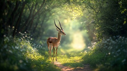 Sticker - Impala antelope standing in a sunlit forest path, surrounded by lush green vegetation and wildflowers.