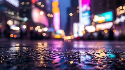 Poster - Dramatic Night Scene of Times Square with Colorful Reflections on Wet Street : Generative AI