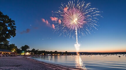 Poster - Vibrant fireworks illuminating the night sky over a peaceful beach setting : Generative AI