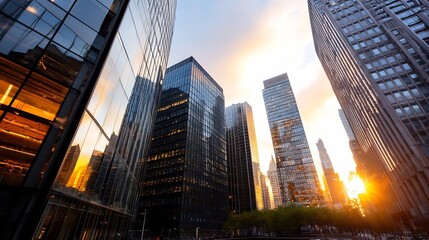 Fototapete - Stunning view of skyscrapers reflecting sunlight with dramatic clouds at sunset : Generative AI