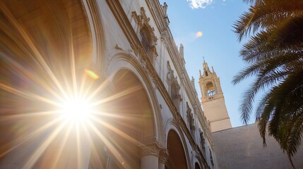 Poster - Stunning architectural detail of historic building with sunlight creating an impressive visual effect : Generative AI