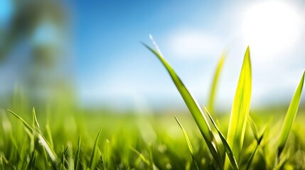 Aufkleber - Vibrant Close Up of Fresh Green Grass Blades with Soft Sunlight : Generative AI