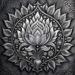 Wall Mural - indian intricate floral pichhwai painting in chrome silver single colour, thin line art, on black leather