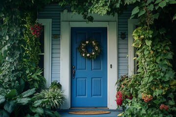 Wall Mural - Blue front door of a house, surrounded by lush greenery and plants, with a wreath hanging on it.