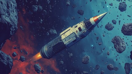 Wall Mural - retro rocket spaceship navigating asteroid field in space.