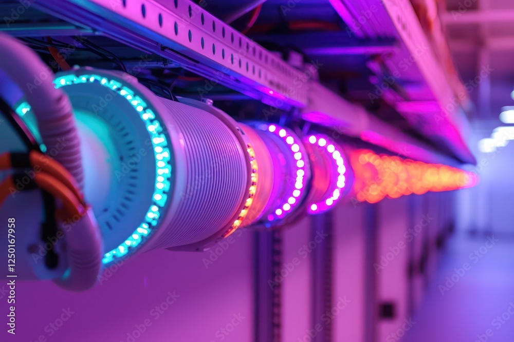 Technologically advanced server room with LED-lit cooling ducts ...