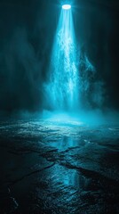 Wall Mural - Dark empty scene, blue neon searchlight light, wet asphalt, smoke, night view, rays. Empty black studio room. Dark background. Abstract dark empty studio room texture. Product showcase spotlight back
