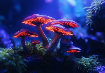 Wall Mural - glowing orange mushrooms in a dark, mystical forest setting.