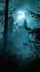 Wall Mural - Dark forest. Gloomy dark scene with trees, big moon, moonlight. Smoke, shadow. Abstract dark, cold street background. Night view