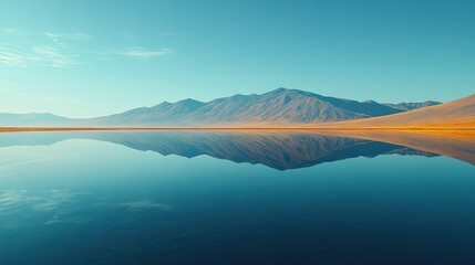 Wall Mural - Serene mountain landscape reflecting in calm water under a clear blue sky at dawn