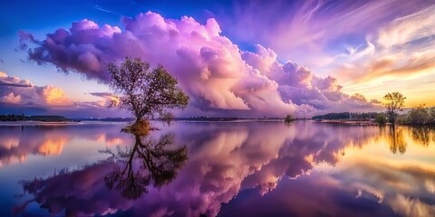 Wall Mural - Stunning Sunset Over Calm Lake with Fiery Clouds and Reflection