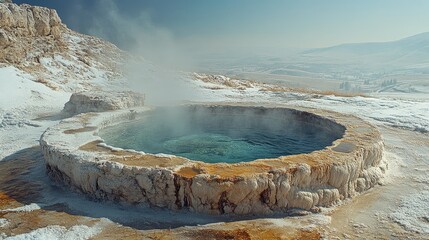 Scenic geothermal hot spring surrounded by snowy terrain with mist rising in the background