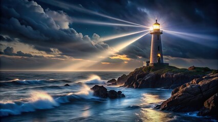 Wall Mural - A majestic lighthouse stands tall on a rocky coastline at night, its beam of light piercing through the dark sky and illuminating the waves below , silhouette, dark night sky