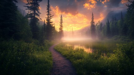 Wall Mural - Serene sunset path through misty forest, leading to tranquil lake.