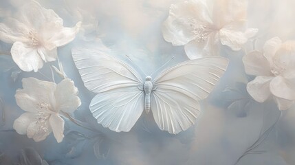Poster - Delicate White Butterfly Surrounded by Ethereal Blossoms in Soft Pastel Hues Depicting Tranquility and Serenity in Nature's Embrace