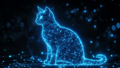 Wall Mural - glowing blue digital cat sitting, bokeh background.