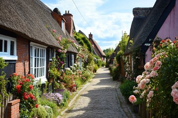 Wall Mural - Charming cobblestone lane lined with thatched-roof cottages, overflowing with vibrant roses and lush flowers.