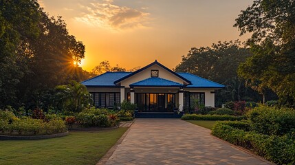 Wall Mural - Sunset view of a beautiful house with a blue roof, surrounded by lush greenery and a paved driveway.