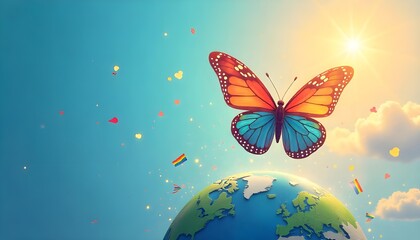 Poster - An illustration of a butterfly with radiant rainbow-colored wings soaring above a globe, representing equality and the spirit of zero discrimination day. Includes copy space for messages or designs