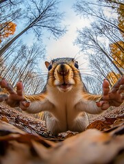 Poster - Curious squirrel looking directly at the camera with paws outstretched in a colorful autumn forest : Generative AI