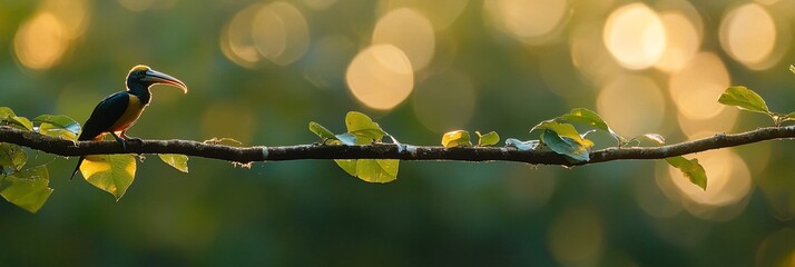 Poster - A colorful toucan perched on a branch at sunset, with a blurred background of bokeh lights.