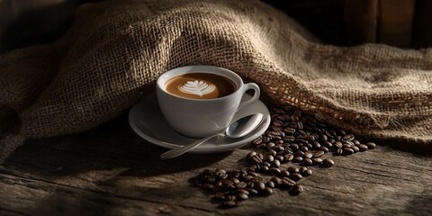 Wall Mural - Latte art in a cup with coffee beans on rustic wooden table. (1)