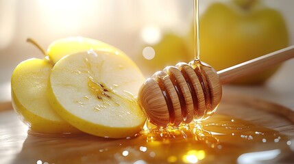 Poster - Fresh green apples drizzled with honey put on a wooden board capturing the essence of healthy eating in a bright setting : Generative AI