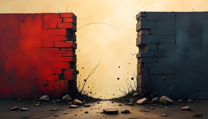 Poster - zero discrimination day abstract art depicting the breaking down of barriers and walls, representing the fight against discrimination