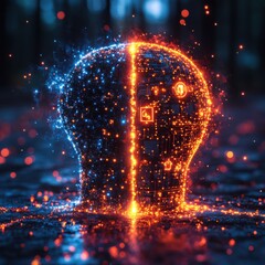 Fototapete - Abstract Silhouette Of A Head Split With Vibrant Blue And Orange Light Surrounded By Sparkling Particles
