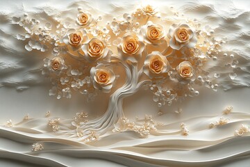 Poster - Elegant and Artistic 3D Representation of a Tree with Creamy Roses on a Soft Background : Generative AI