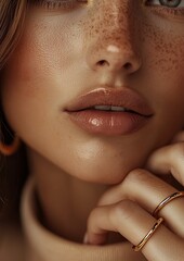 Aufkleber - Portrait of a woman featuring freckled skin and gold earrings emphasizing her beauty : Generative AI