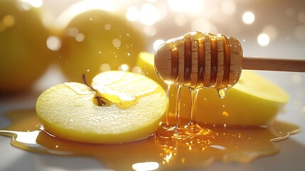 Poster - Golden honey dripping over fresh apple slices on a wooden surface showcasing a vibrant and appetizing food composition : Generative AI