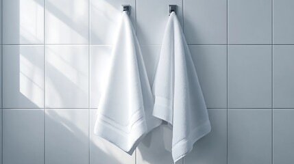 Poster - Two pristine white towels hanging neatly in a stylish bathroom filled with natural light : Generative AI