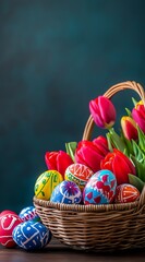 Poster - Vibrant Easter Basket with Colorful Eggs and Fresh Tulips for a Joyful Spring Celebration : Generative AI