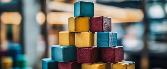 Poster - Colorful wooden blocks stacked playfully in an indoor setting showcasing creativity and fun : Generative AI