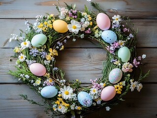Poster - Charming Easter wreath adorned with pastel colored eggs and vibrant spring flowers on an aged wooden surface inviting a festive spirit : Generative AI